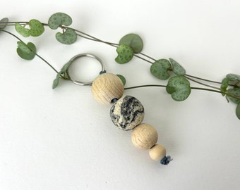 Geo keychain wooden balls lava stone natural gray geometric wood beads