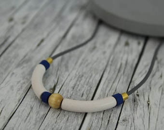 short leather necklace ceramic beads white blue gold geometry chain