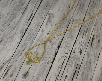 long necklace Boho Lotus gold floral green transparent