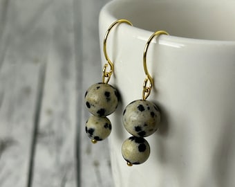 Earrings Dalmatian Jasper beige stone speckle beads