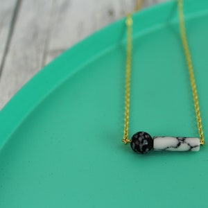 short necklace with howlite and snowflake obsidian white black gold mixed image 3