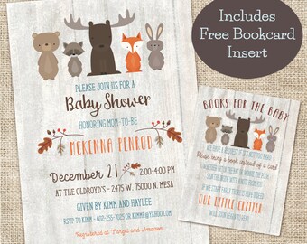 Whitewash Woodland Baby Shower Invitation and Bookcard inserts combo