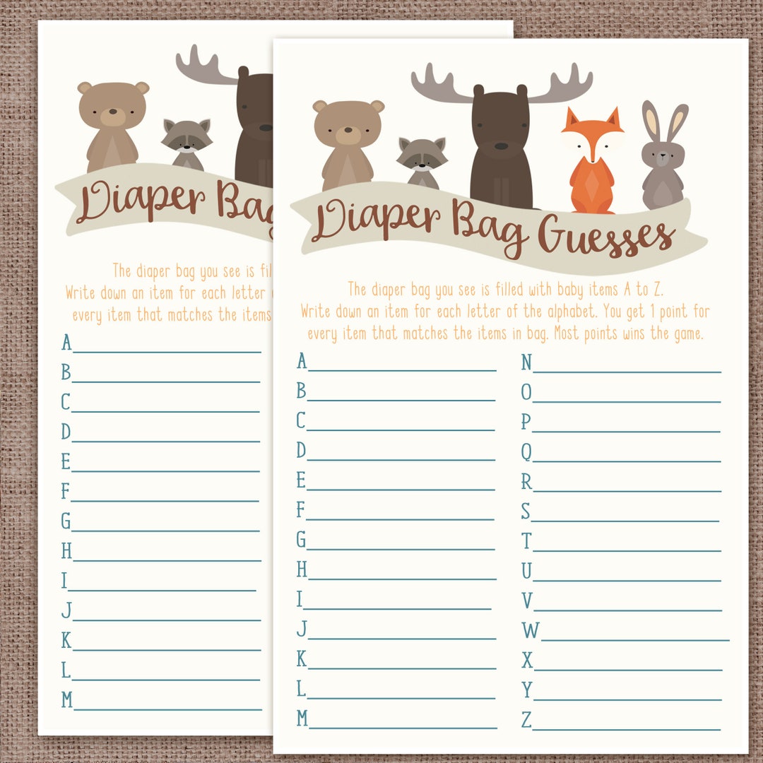 Baby Shower Game Woodland Animals Diaper Bag Guessing Game Etsy