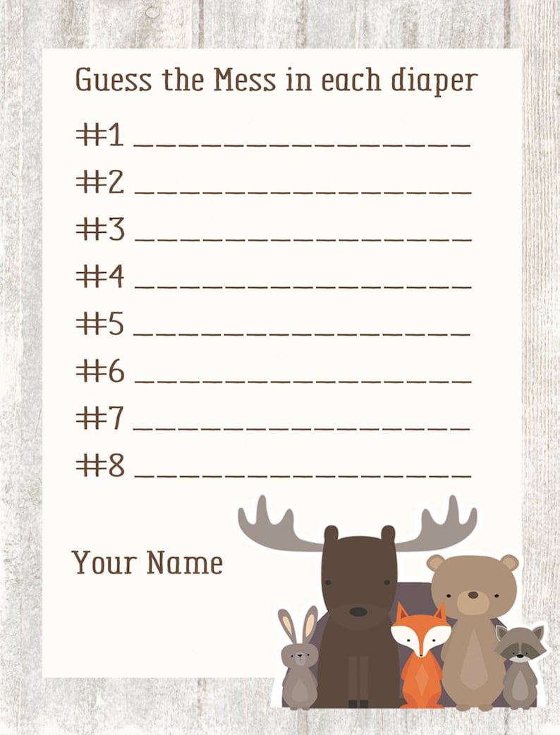 Woodland Baby Shower Guess the Diaper Mess Game Etsy