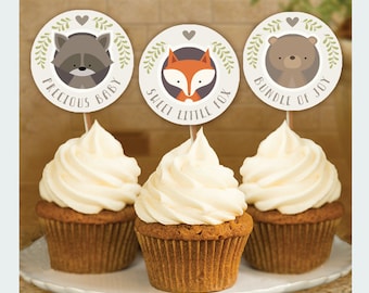 Woodland Animal Baby Shower, Cupcake Toppers, Editable tags