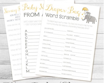 Baby Shower Game Pack, Elephant and Baby, 4 baby shower games