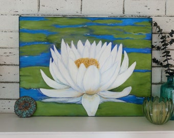 夕焼けの睡蓮 油絵：カラフルな水の反射アート、12x16インチ