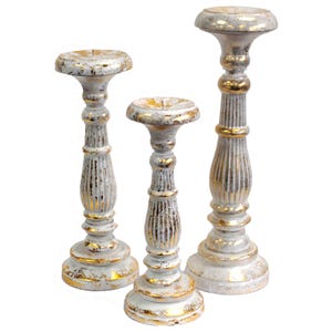 Vintage style handmade wooden pillar candle sticks - white & gold. Made from sustainable Albesia wood