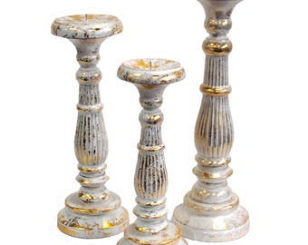 Vintage style handmade wooden pillar candle sticks - white & gold. Made from sustainable Albesia wood (Delivery Duty Paid to USA)