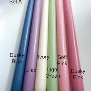 Pack of 6  -  handmade pastel taper candles, 8 colours to choose from, vegan & animal friendly, over dipped, dinner, wedding  candles.