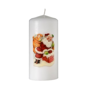 Vintage Santa On The Roof,  Unscented Vegan Friendly White Slow Burning Pillar Candle