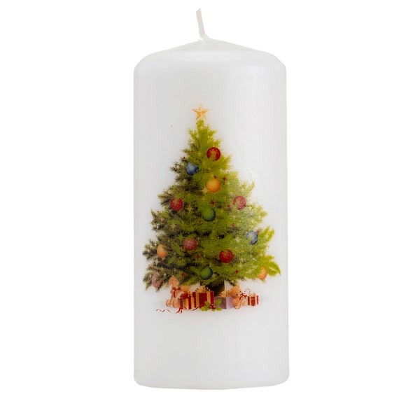 Christmas Tree Unscented Slow Burning Vegan Friendly White Church Pillar Candle