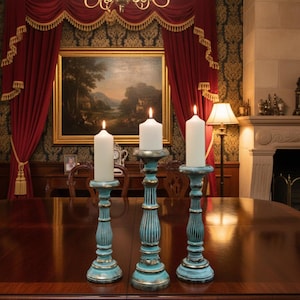 Vintage style handmade wooden pillar candle sticks - turquoise & gold. Made from sustainable Albesia wood (Delivery Duty Paid to USA) image 5
