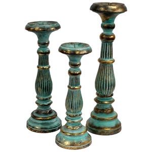 Vintage style handmade wooden pillar candle sticks - turquoise & gold. Made from sustainable Albesia wood