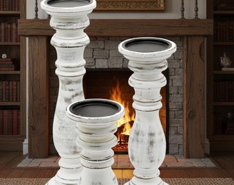 Handmade Whitewashed Mango Wood Candlestick - Classical Distressed Style (Delivery Duty Paid to USA)