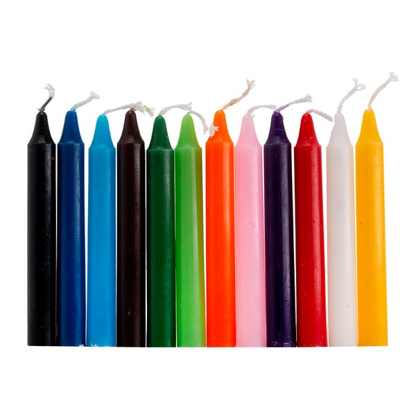Pack of 12 - Chime candles either in 12 assorted or single colours.  Candle Magic, Wicca, Meditation, Reiki, Spiritual, Vegan