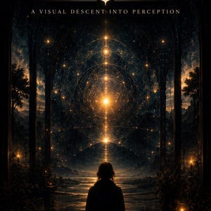 Könnte beinhalten: Ein digitales Buch mit dem Titel The Observer Field: A Visual Descent Into Perception. Das Cover zeigt die Silhouette einer meditierenden Person vor einer leuchtenden, geometrischen Himmelsstruktur. Es enthält 20 Seiten mit somatischen Visuals.