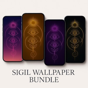 May include: Four smartphones displaying digital art wallpapers. Each phone features a different color scheme: purple, gold, purple, and black. The designs include stylized eyes, sunbursts, and floral elements. The text "SIGIL WALLPAPER BUNDLE" is at the bottom.