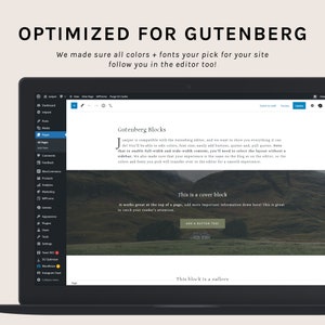 Puede incluir: Una pantalla de computadora port&aacute;til que muestra un sitio web con el texto "Optimizado para Gutenberg" y una descripci&oacute;n de las caracter&iacute;sticas del editor de Gutenberg. El sitio web est&aacute; dise&ntilde;ado para ser compatible con el editor de Gutenberg, lo que permite a los usuarios editar f&aacute;cilmente los colores, los tama&ntilde;os de fuente y agregar botones, citas y citas extra&iacute;das.