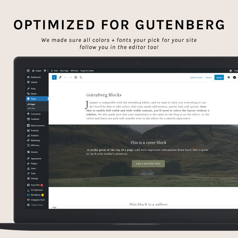Puede incluir: Una pantalla de computadora port&aacute;til que muestra un sitio web con el texto "Optimizado para Gutenberg" y una descripci&oacute;n de las caracter&iacute;sticas del editor de Gutenberg. El sitio web est&aacute; dise&ntilde;ado para ser compatible con el editor de Gutenberg, lo que permite a los usuarios editar f&aacute;cilmente los colores, los tama&ntilde;os de fuente y agregar botones, citas y citas extra&iacute;das.