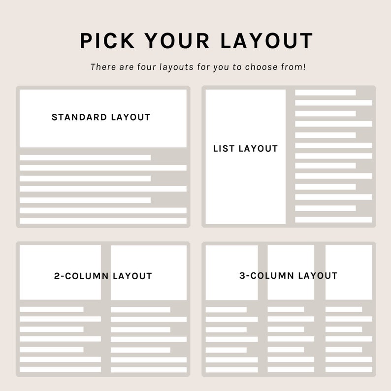 Puede incluir: Un gr&aacute;fico que muestra cuatro opciones de dise&ntilde;o diferentes para un sitio web o una tienda online. Las opciones est&aacute;n etiquetadas como "Dise&ntilde;o est&aacute;ndar", "Dise&ntilde;o de lista", "Dise&ntilde;o de 2 columnas" y "Dise&ntilde;o de 3 columnas".
