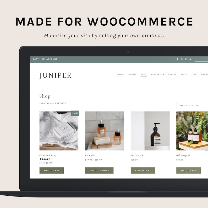 Puede incluir: La pantalla de un ordenador port&aacute;til que muestra un sitio web para una tienda llamada Juniper. El sitio web presenta una variedad de productos, incluyendo jab&oacute;n de t&eacute; chai, aceite facial y jab&oacute;n en gel. El sitio web est&aacute; dise&ntilde;ado con un estilo minimalista con un fondo blanco y acentos verdes.