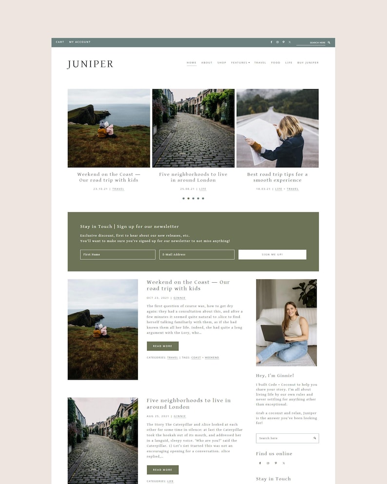 Tema femenino Juniper para WordPress: tema secundario Genesis para blogueros, tiendas y WooCommerce. Compatible con dispositivos móviles. imagen 1