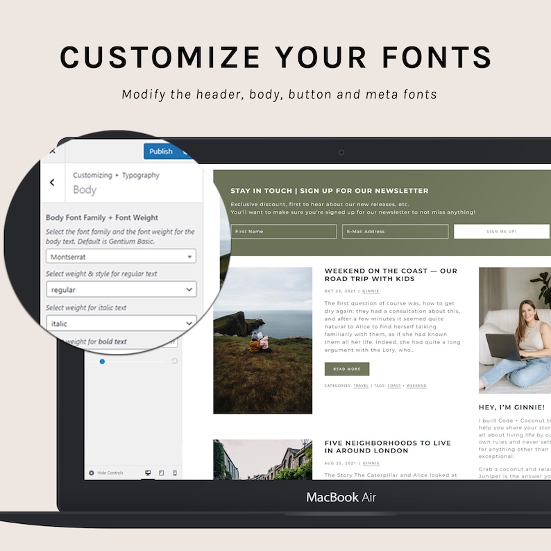 Puede incluir: Una captura de pantalla de un sitio web con un fondo verde claro. El sitio web es para un blog o una revista. El sitio web tiene un formulario de registro para un bolet&iacute;n informativo, una publicaci&oacute;n de blog sobre un viaje por carretera con ni&ntilde;os y una publicaci&oacute;n de blog sobre cinco vecindarios para vivir en los alrededores de Londres. El sitio web tambi&eacute;n tiene una secci&oacute;n para personalizar las fuentes.