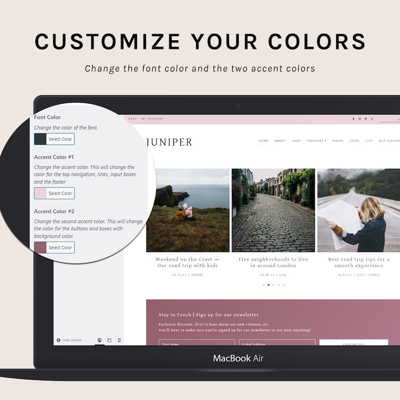 Puede incluir: Una captura de pantalla de un sitio web con un esquema de color rosa y blanco. El sitio web se llama "Juniper" y tiene una barra de men&uacute; con enlaces a "Inicio", "Acerca de", "Tienda", "Caracter&iacute;sticas", "Viajes", "Comida", "Vida" y "Comprar Juniper". El sitio web tambi&eacute;n tiene una secci&oacute;n llamada "Mantente en contacto | Reg&iacute;strate en nuestro bolet&iacute;n" con un formulario para que los usuarios ingresen su nombre, direcci&oacute;n de correo electr&oacute;nico y hagan clic en un bot&oacute;n que dice "&iexcl;Reg&iacute;strese!"