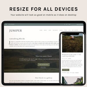 Puede incluir: Una captura de pantalla de un sitio web con el texto "Redimensionar para todos los dispositivos" y una descripci&oacute;n de c&oacute;mo el sitio web se ver&aacute; bien en dispositivos m&oacute;viles y de escritorio. El sitio web es para una empresa llamada Juniper y presenta una publicaci&oacute;n de blog sobre bloques de Gutenberg. La publicaci&oacute;n del blog incluye un bloque de portada y un bloque de galer&iacute;a. La captura de pantalla tambi&eacute;n muestra un tel&eacute;fono m&oacute;vil con una publicaci&oacute;n de blog sobre un viaje de fin de semana a la costa.