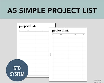 A5 RINGS Simple Project List, PRINTABLE Planner Insert, Project Log, GTD Inspired, Minimalist Design, Pdf File