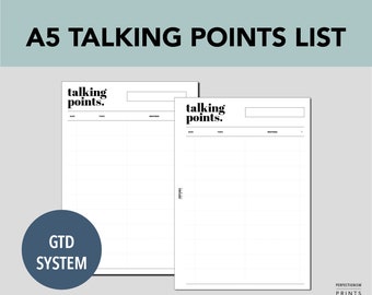 A5 RINGS Talking Points List, PRINTABLE Planner Insert, GTD Inspired, Minimalist Design, Pdf File