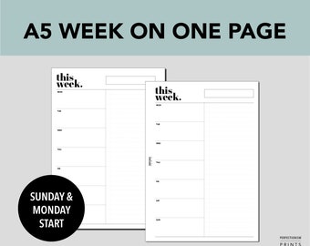 A5 RINGS Week On One Page, PRINTABLE Planner Insert, WO1P, Minimalist Design, Pdf File