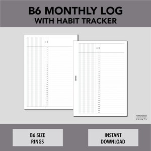 B6 RINGS Monthly Log, Habit Tracker,  PRINTABLE Planner Insert, Minimalist Design, Pdf File