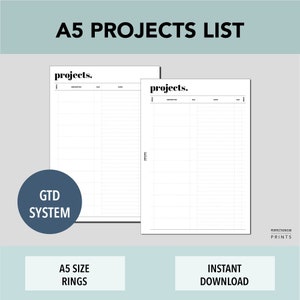 A5 RINGS Projects List, PRINTABLE Planner Insert, List to Help Get Things Done, Minimalist Design, Pdf File