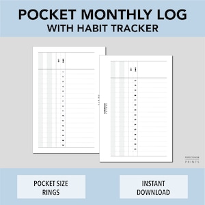 POCKET RINGS Monthly Log, Habit Tracker,  PRINTABLE Planner Insert, Minimalist Design, Pdf File