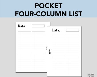 POCKET RINGS Four Column List, PRINTABLE Planner Insert, To Do List, Minimalist Design, Pdf File