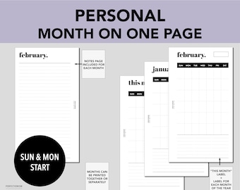 PERSONAL RINGS Undated Month On One Page Calendar, PRINTABLE Planner Insert, Monthly Calendar, MO1P, Minimalist Design, Pdf File