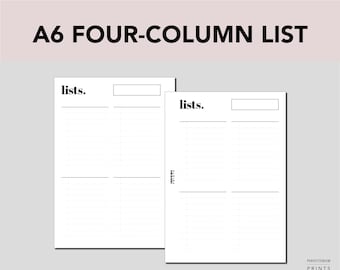 A6 RINGS Four Column List, PRINTABLE Planner Insert, To Do List, Minimalist Design, Pdf File