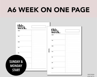 A6 RINGS Week On One Page, PRINTABLE Planner Insert, WO1P, Minimalist Design, Pdf File