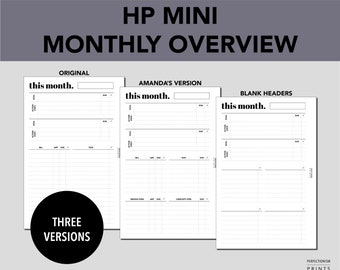 HP MINI Monthly Overview, PRINTABLE Planner Insert, Monthly Dashboard, Minimalist Design, Pdf File