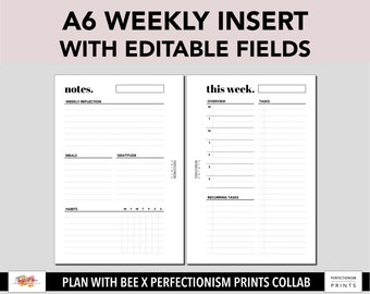 A6 Rings Editable Weekly Page, Plan With Bee x PerfectionismPrints Collab, PRINTABLE Planner Insert, WO1P, WO2P