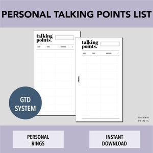 PERSONAL Rings Talking Points List, PRINTABLE Planner Insert, GTD Inspired, Minimalist Design, Pdf File