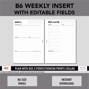 B6 Rings Editable Weekly Page, Plan With Bee x PerfectionismPrints Collab, PRINTABLE Planner Insert, WO1P, WO2P, Minimalist Design