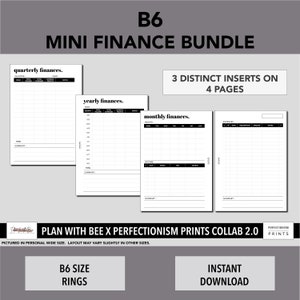 B6 RINGS Mini Finance Bundle, Plan With Bee x PerfectionismPrints Collab 2.0, PRINTABLE Planner Insert, Minimalist Design, Pdf File