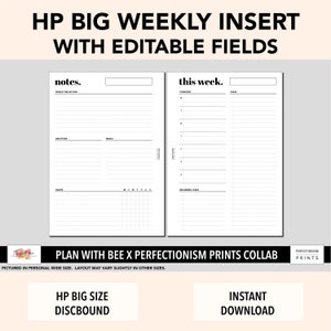 HP BIG Editable Weekly Page, Plan With Bee x PerfectionismPrints Collab, PRINTABLE Planner Insert, WO1P, WO2P, Letter Sized