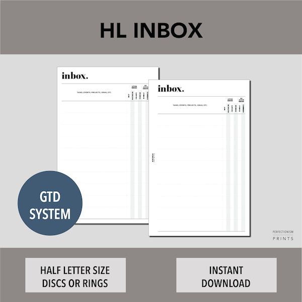 HALF Letter Inbox, PRINTABLE Planner Insert, Brain Dump Insert, GTD Inspired, Minimalist Design, Pdf File