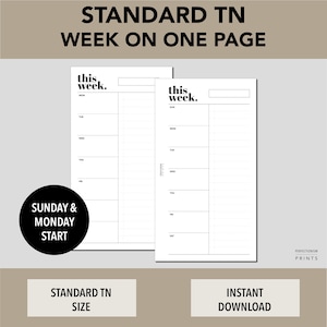 STANDARD TN Week On One Page, PRINTABLE Planner Insert, WO1P, Minimalist Design, Pdf File