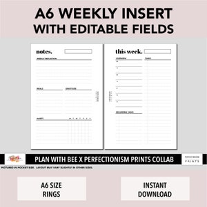 A6 Rings Editable Weekly Page, Plan With Bee x PerfectionismPrints Collab, PRINTABLE Planner Insert, WO1P, WO2P