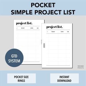 POCKET Rings Simple Project List, PRINTABLE Planner Insert, GTD Inspired, Minimalist Design, Pdf File